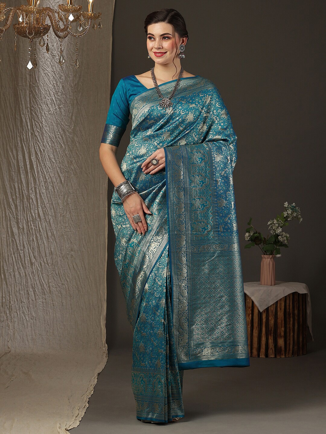 

Anouk Ethnic Motifs Woven Design Zari Silk Blend Kanjeevaram Saree, Blue