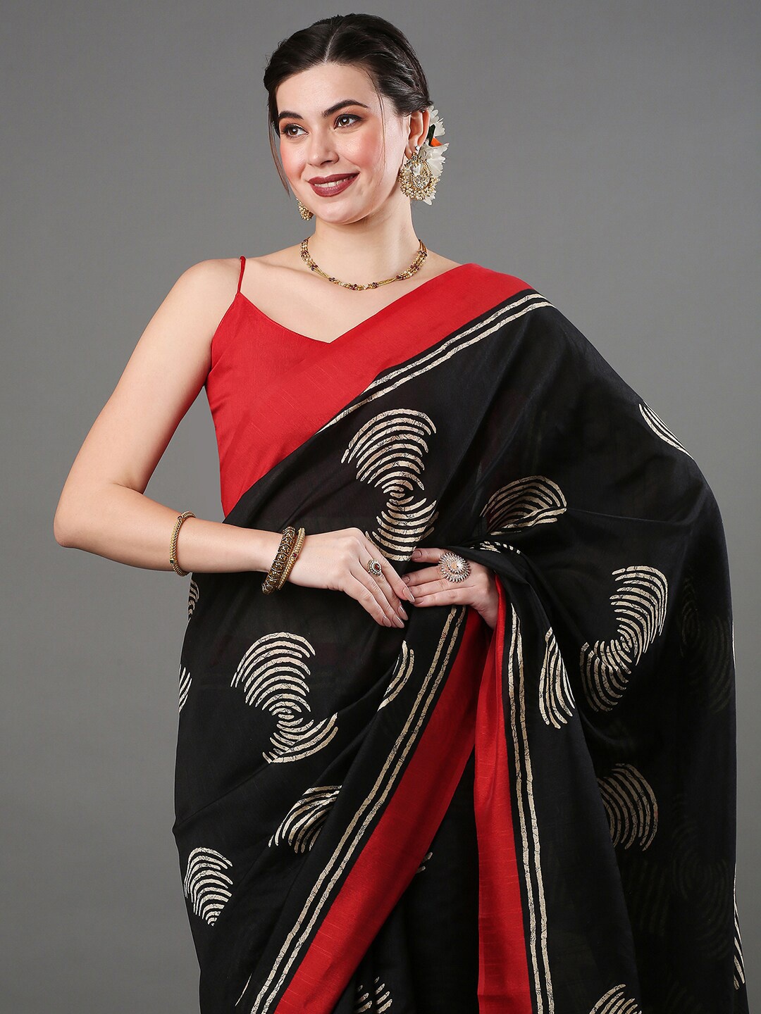 

Anouk Rustic Geometric Printed Art Silk Bhagalpuri Saree, Black