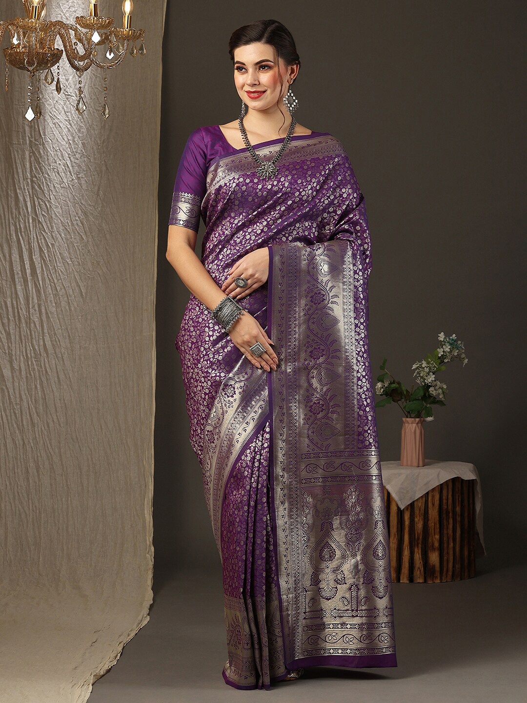 

Anouk Floral Woven Design Zari Silk Blend Kanjeevaram Saree, Purple