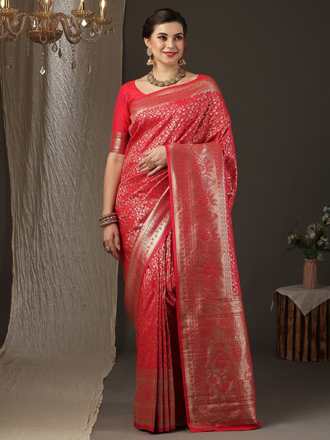 

Anouk Floral Woven Design Zari Silk Blend Kanjeevaram Saree, Red