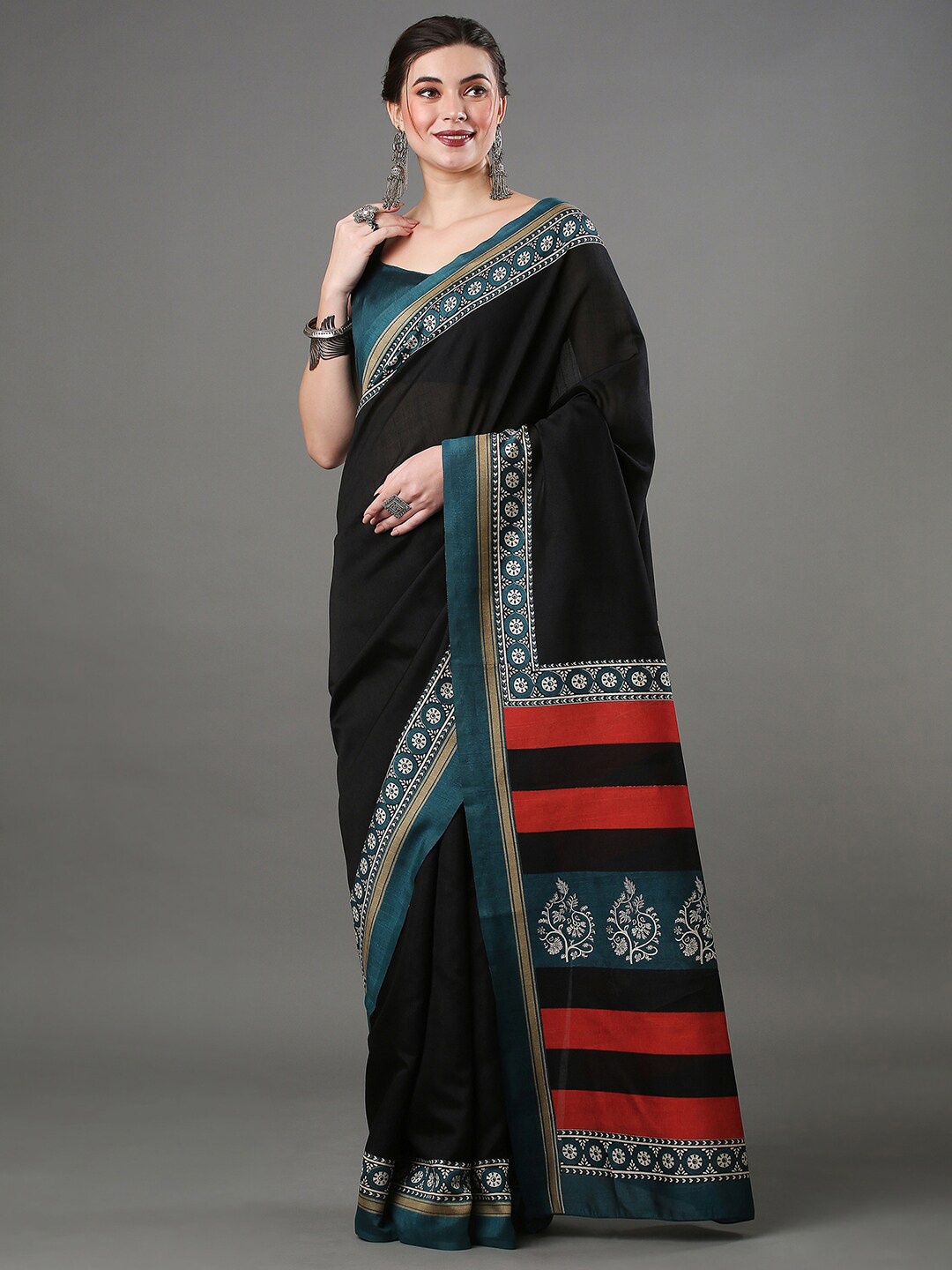 

Anouk Rustic Floral Printed Art Silk Bhagalpuri Saree, Black