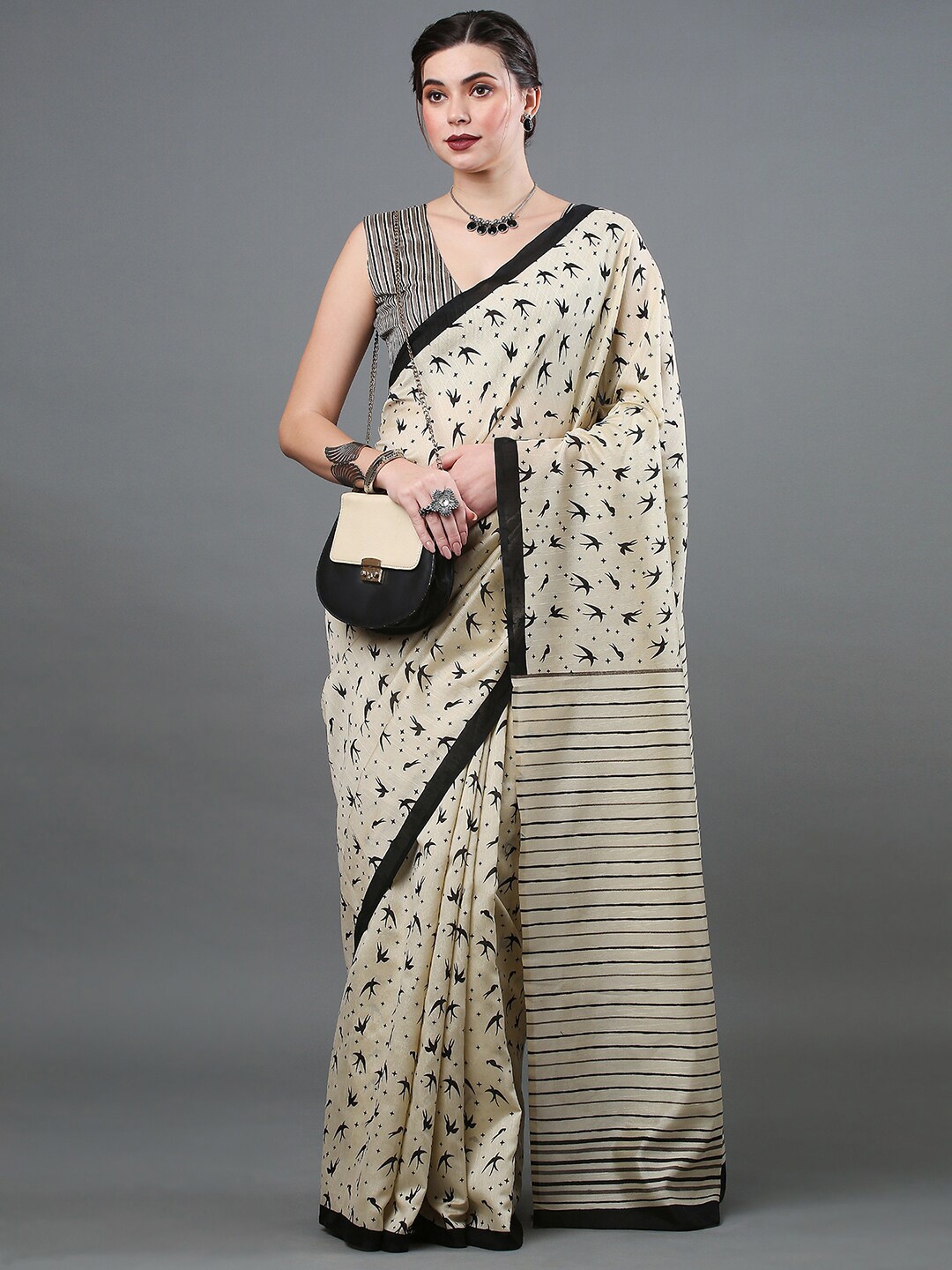 

Anouk Rustic Ethnic Motifs Printed Art Silk Bhagalpuri Saree, Cream