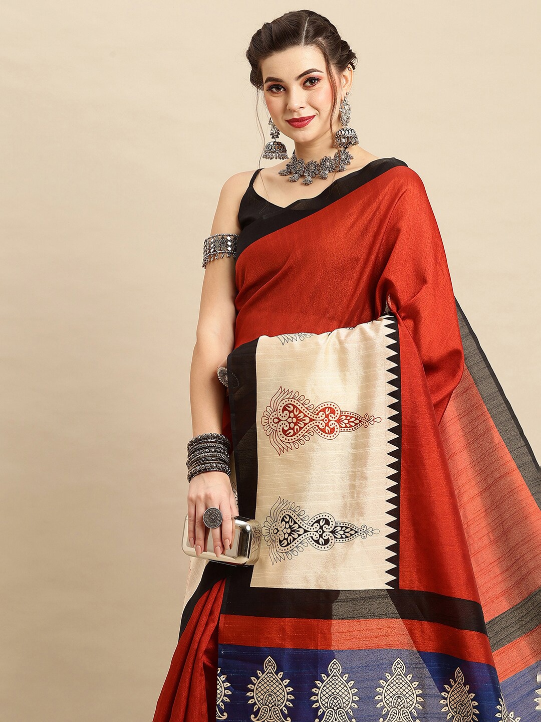 

Anouk Rustic Ethnic Motifs Printed Art Silk Bhagalpuri Saree, Rust