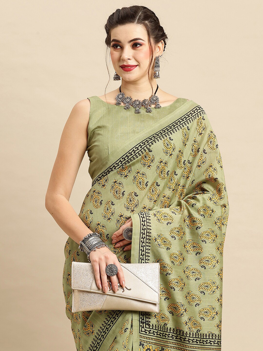

Anouk Ethnic Motifs Printed Art Silk Bhagalpuri Saree, Sea green