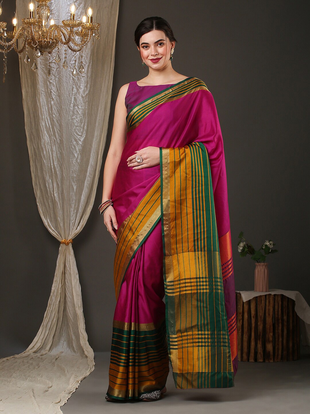 

Anouk Striped Zari Silk Blend Saree, Pink