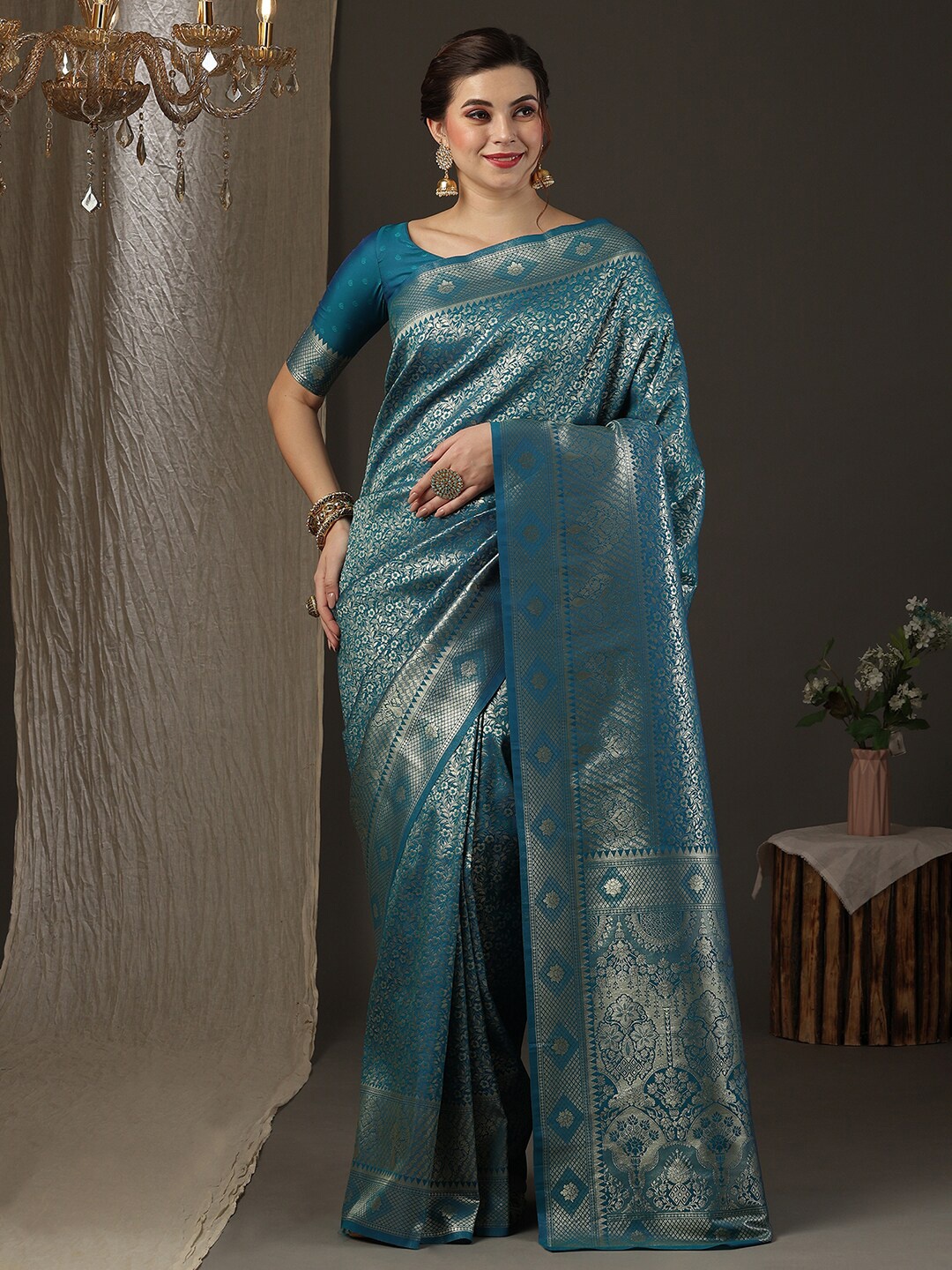 

Anouk Floral Woven Design Zari Silk Blend Kanjeevaram Saree, Blue