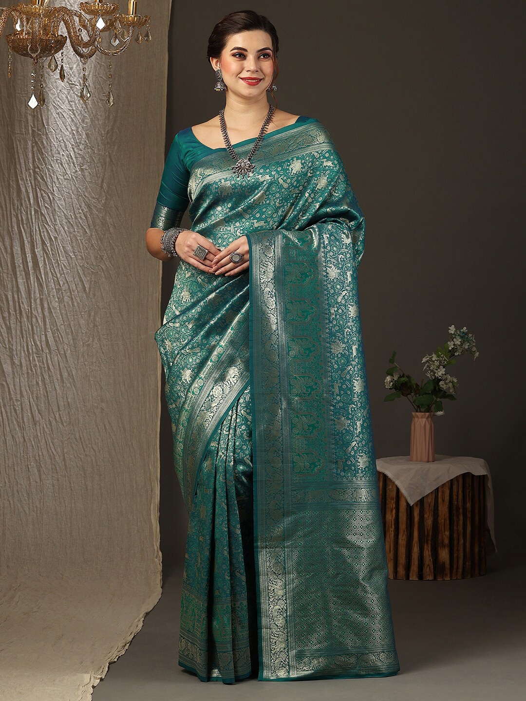 

Anouk Floral Woven Design Zari Silk Blend Kanjeevaram Saree, Teal