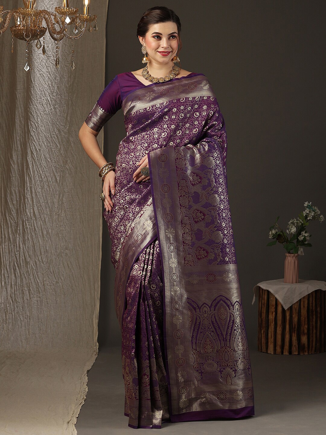 

Anouk Floral Woven Design Zari Silk Blend Kanjeevaram Saree, Purple