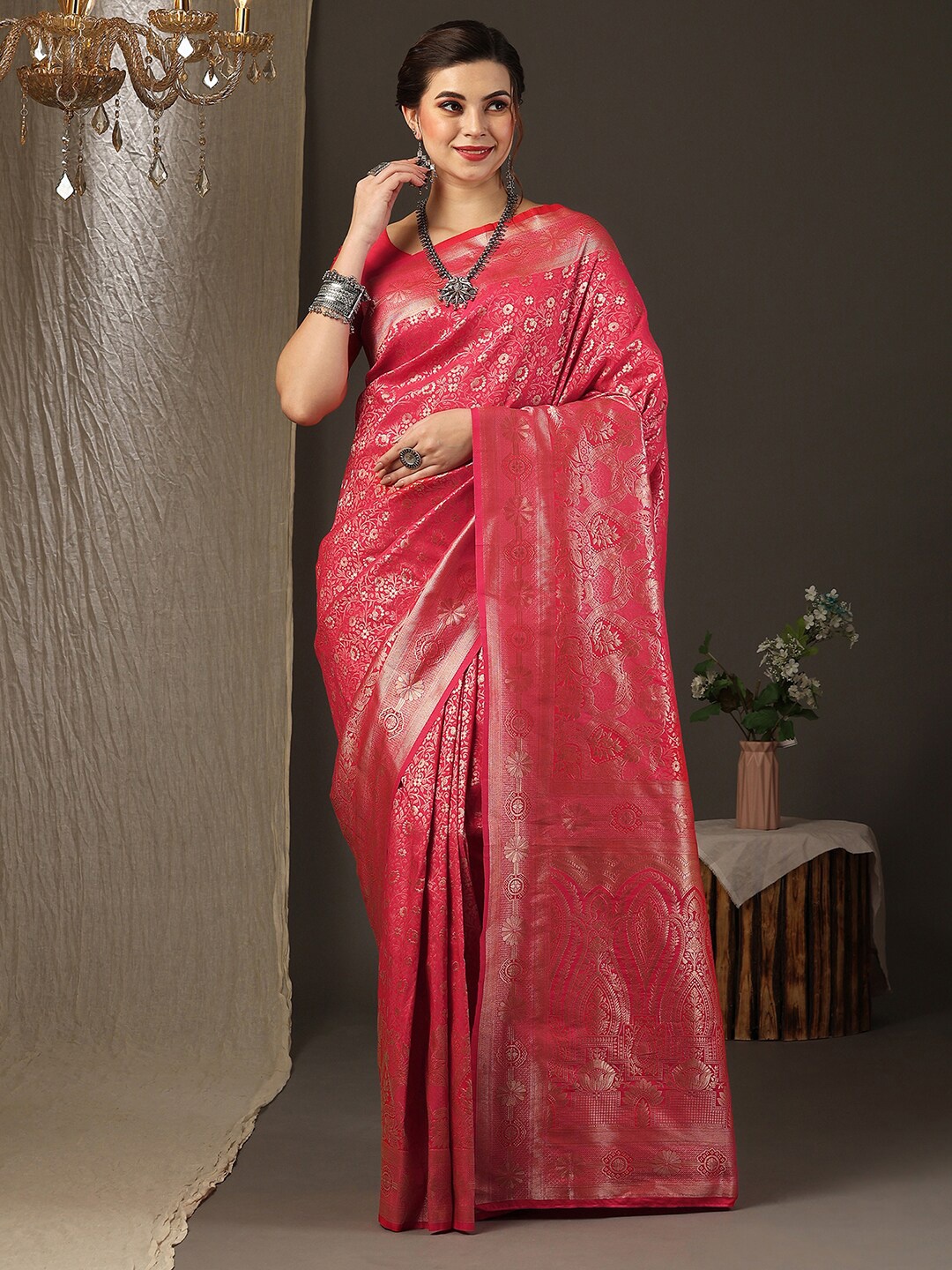 

Anouk Floral Woven Design Zari Silk Blend Kanjeevaram Saree, Pink