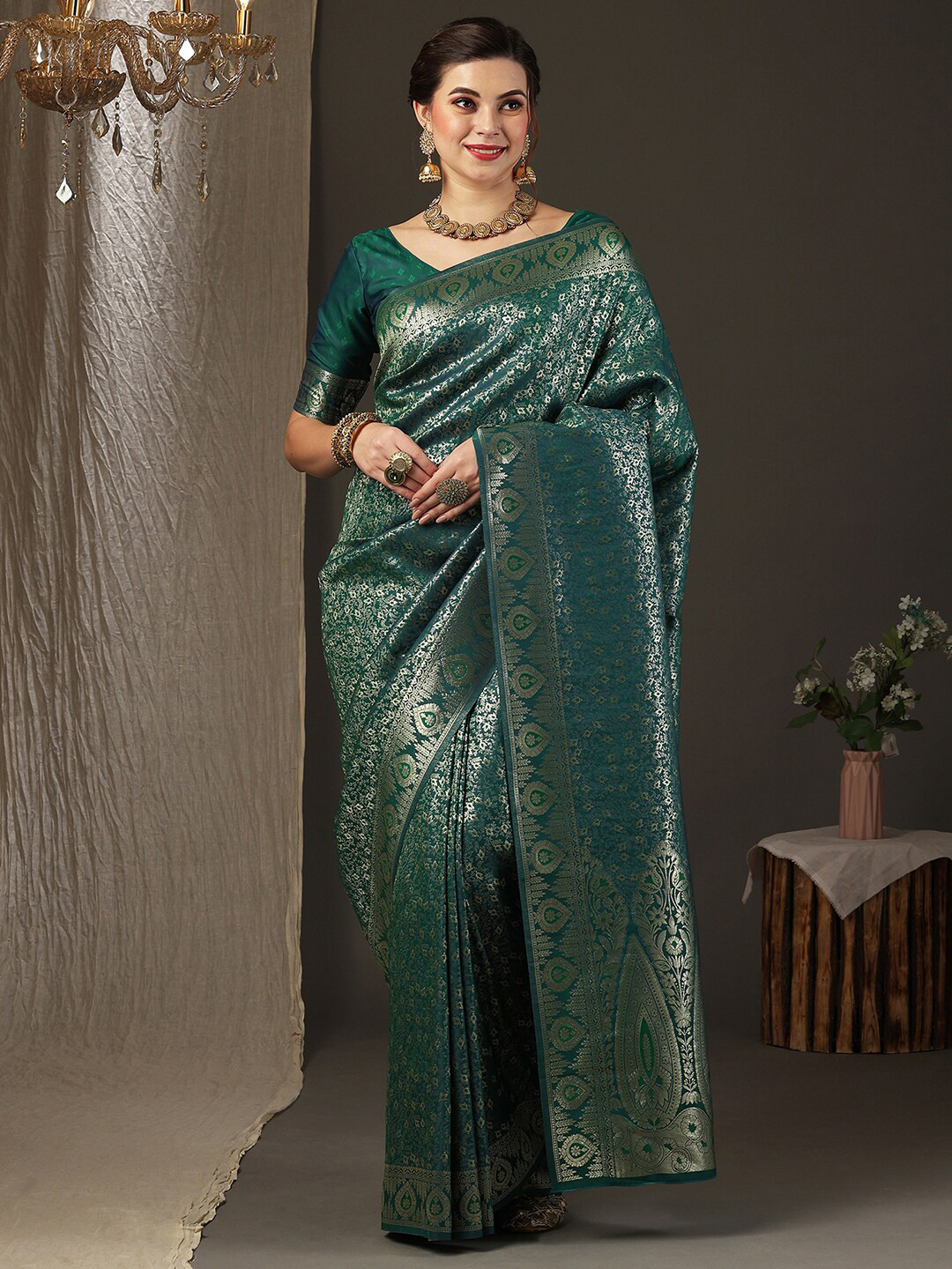 

Anouk Floral Woven Design Zari Silk Blend Kanjeevaram Saree, Teal