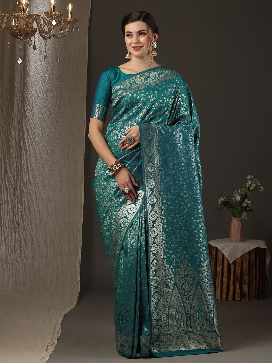 

Anouk Floral Woven Design Zari Silk Blend Kanjeevaram Saree, Blue