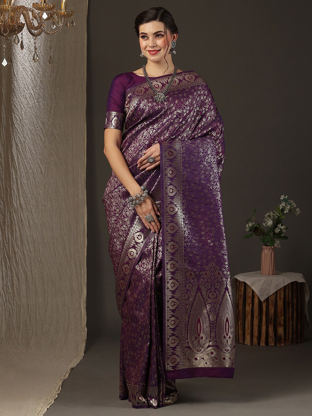 

Anouk Floral Woven Design Zari Silk Blend Kanjeevaram Saree, Purple