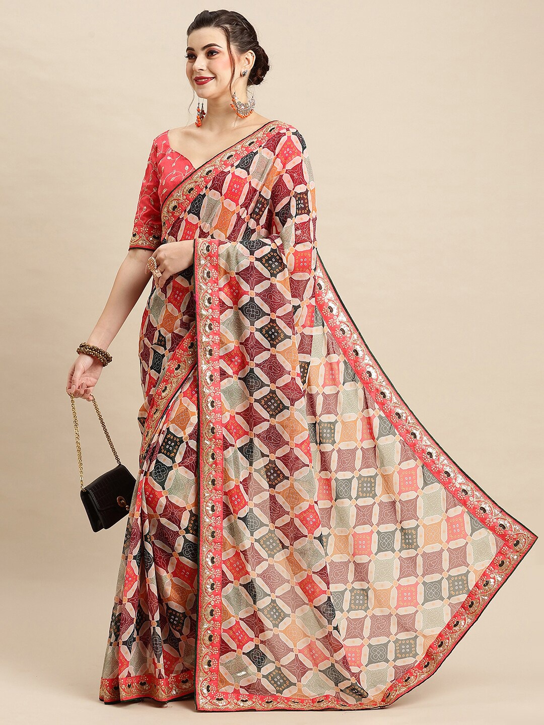 

Anouk Ethnic Motifs Digital Printed Pure Georgette Saree, Cream