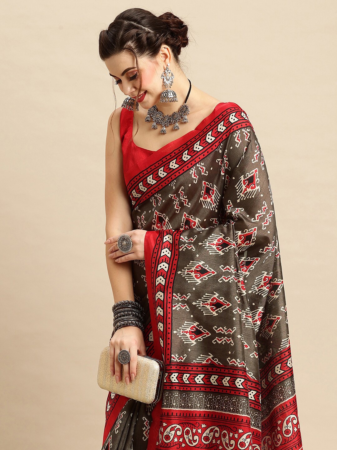 

Anouk Ethnic Motifs Printed Art Silk Bhagalpuri Saree, Grey