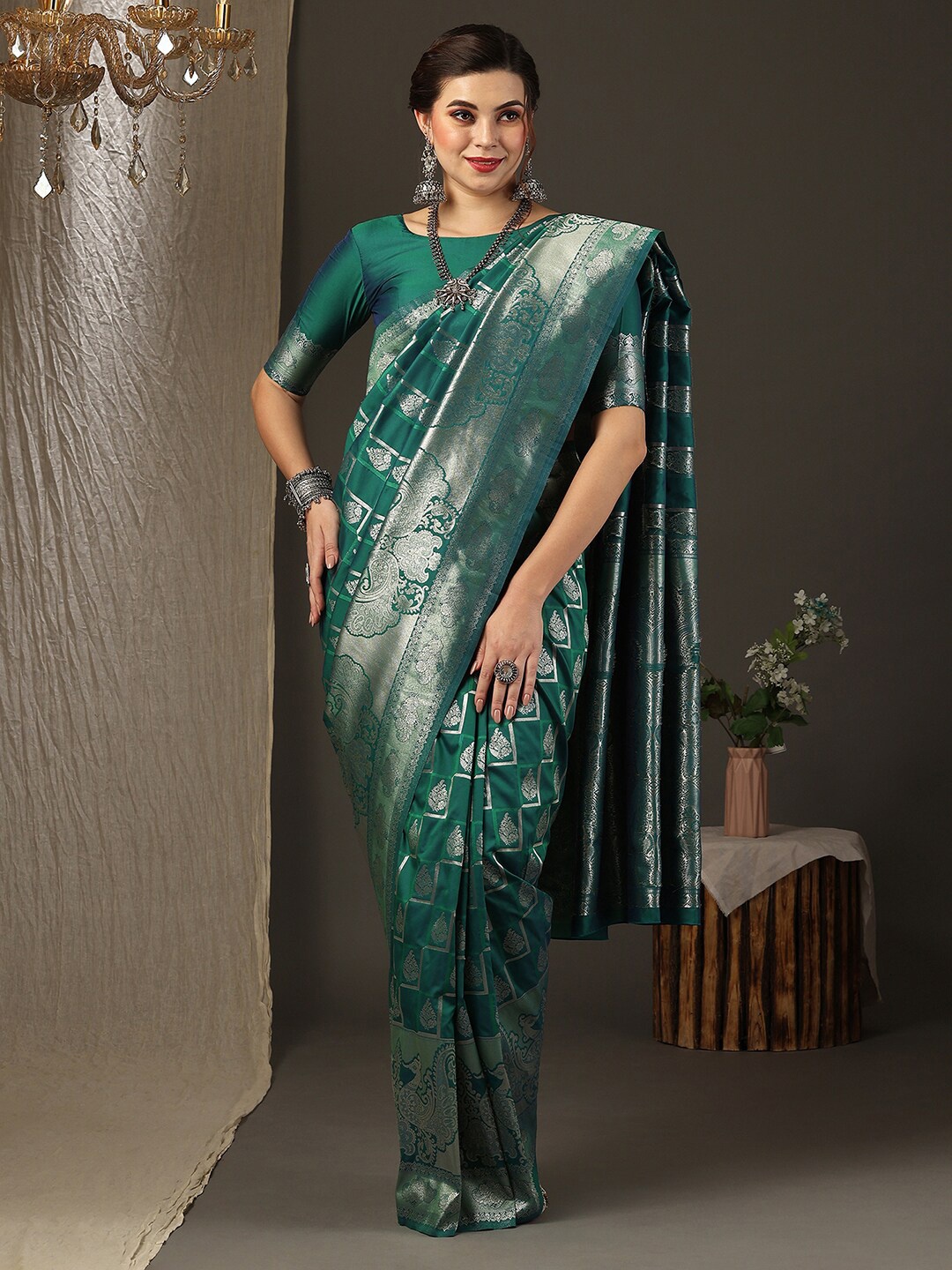 

Anouk Floral Woven Design Zari Silk Blend Kanjeevaram Saree, Teal