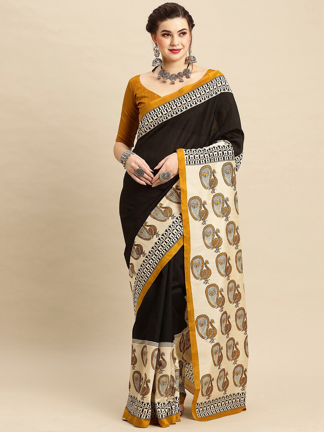 

Anouk Ethnic Motifs Printed Art Silk Bhagalpuri Saree, Black