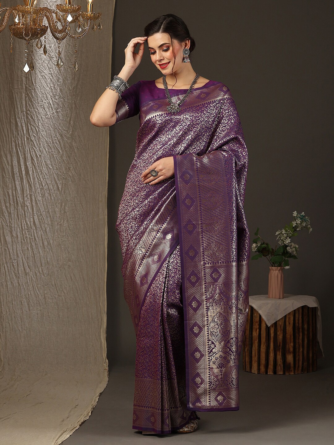 

Anouk Floral Woven Design Zari Silk Blend Kanjeevaram Saree, Purple