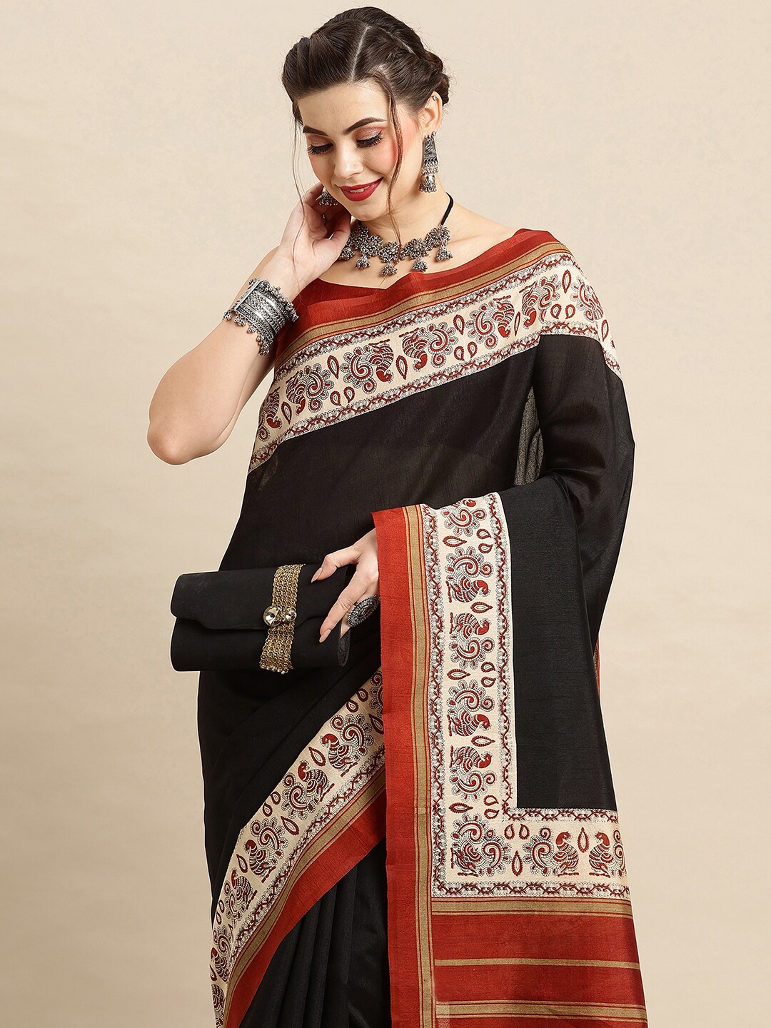 

Anouk Rustic Ethnic Motifs Printed Art Silk Bhagalpuri Saree, Black