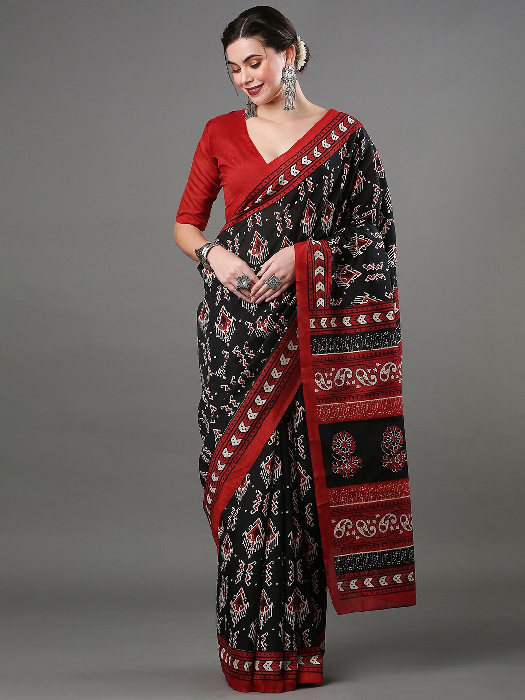 

Anouk Rustic Ethnic Motifs Printed Art Silk Bhagalpuri Saree, Black
