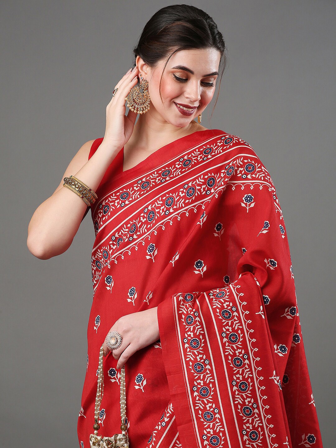 

Anouk Rustic Floral Printed Art Silk Bhagalpuri Saree, Red