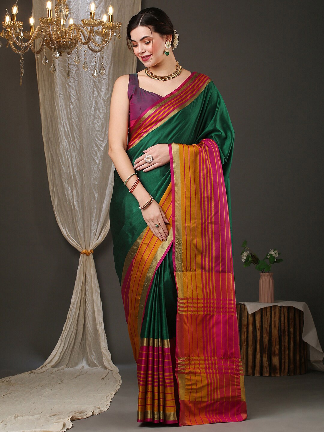 

Anouk Rustic Striped Zari Silk Blend Saree, Green