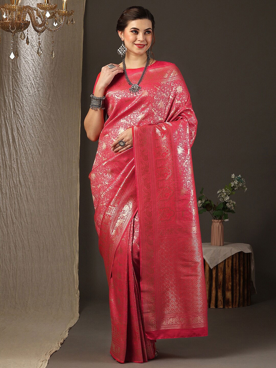 

Anouk Floral Woven Design Zari Silk Blend Kanjeevaram Saree, Pink