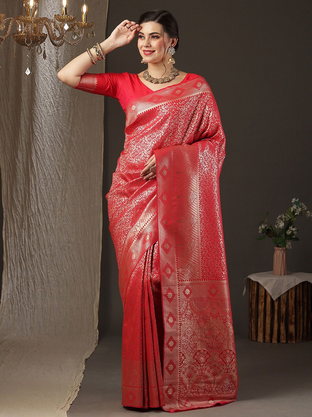 

Anouk Floral Woven Design Zari Silk Blend Kanjeevaram Saree, Red