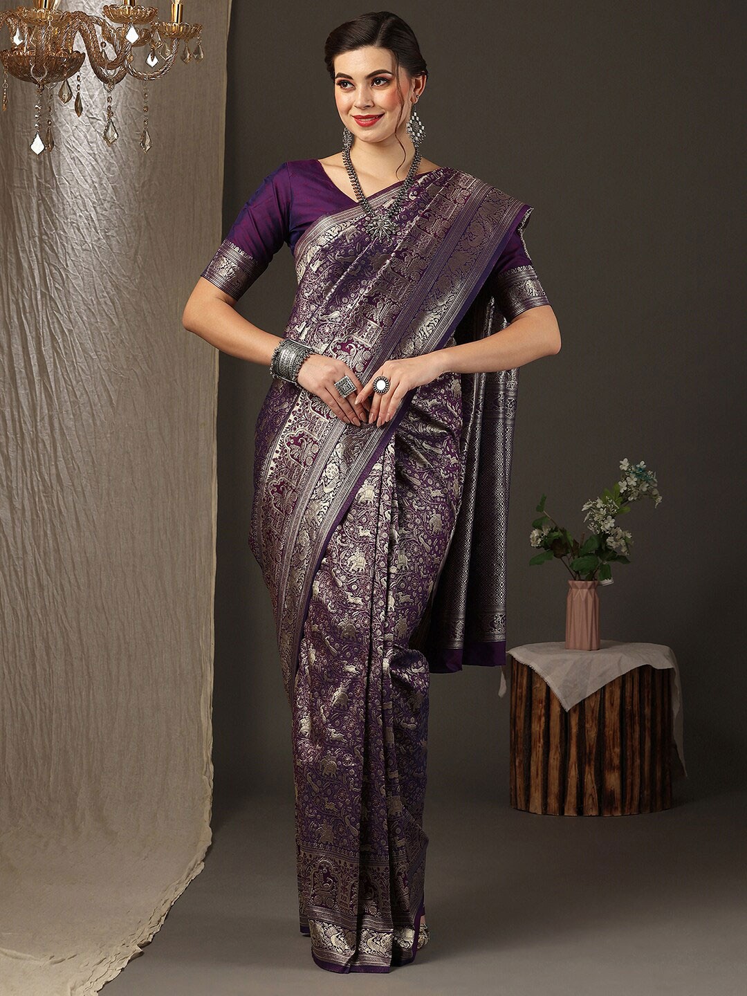 

Anouk Floral Woven Design Zari Silk Blend Kanjeevaram Saree, Purple