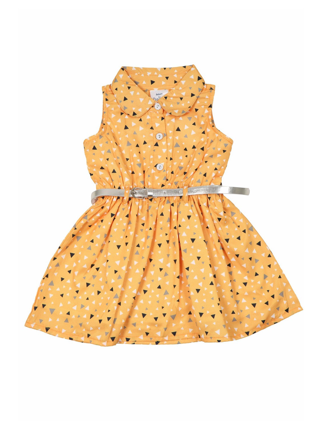 

Doodle Girls Geometrics Printed Satin Fit & Flare Dress With Belt, Mustard