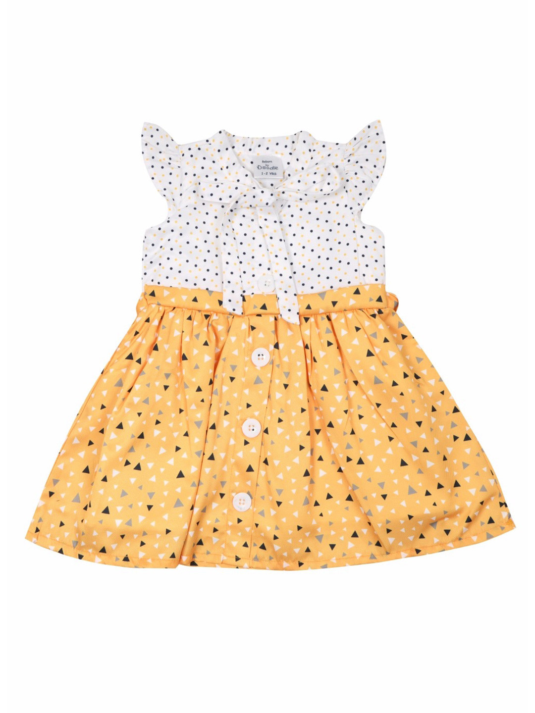 

Doodle Girls Geometric Printed Tie-Up Neck Fit & Flare Dress With Belt, Mustard