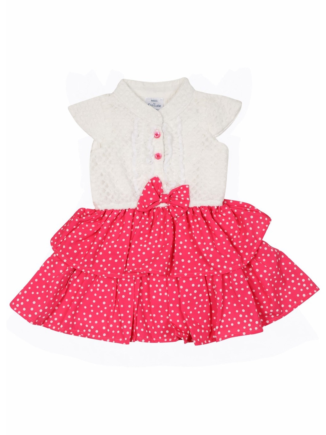

Doodle Girls Polka Dots Printed Layered Fit & Flare Dress With Belt, Pink
