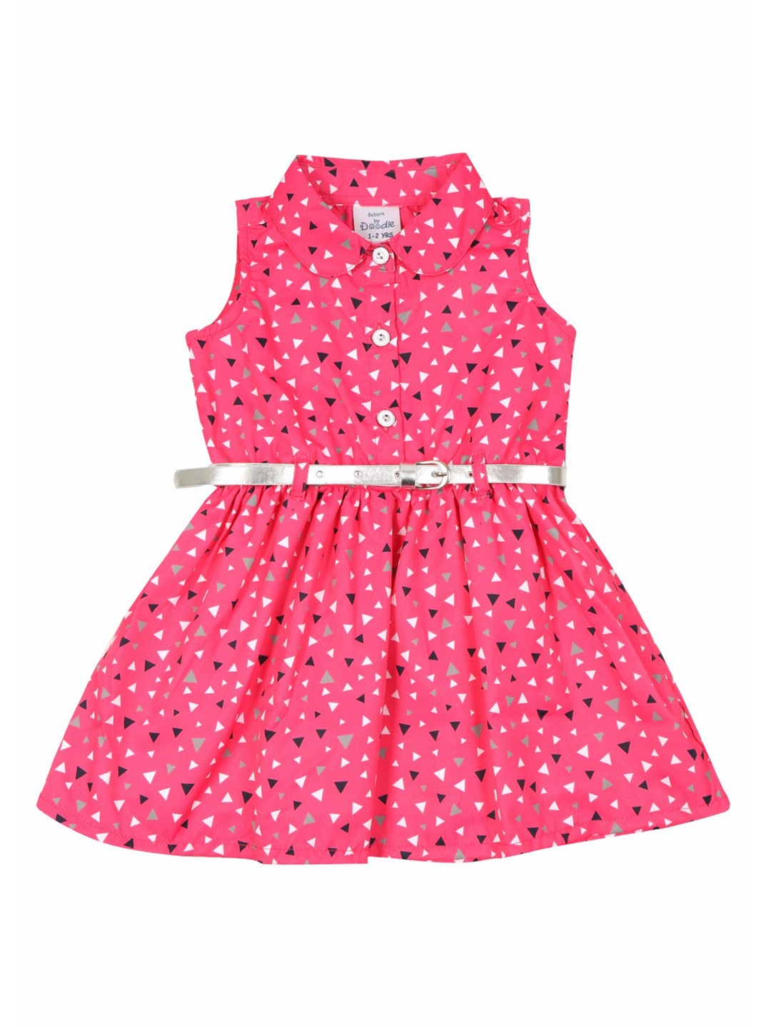 

Doodle Girls Geometric Printed Satin Fit & Flare Dress With Belt, Pink