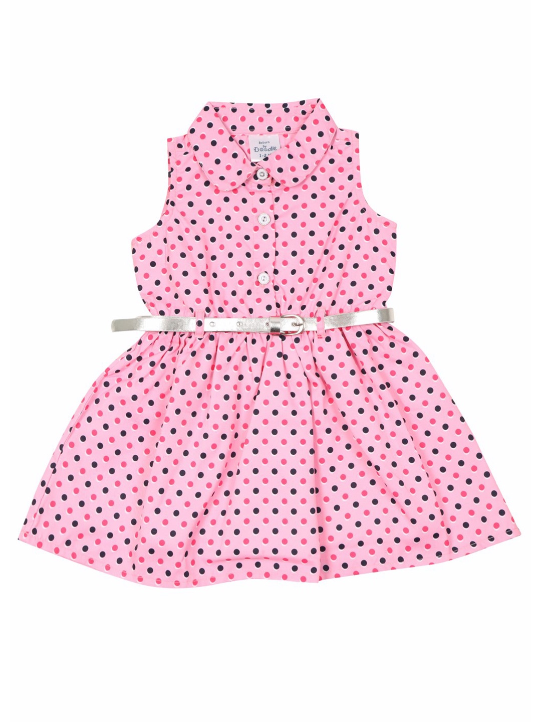 

Doodle Girls Polka Dots Printed Satin Fit & Flare Dress With Belt, Pink