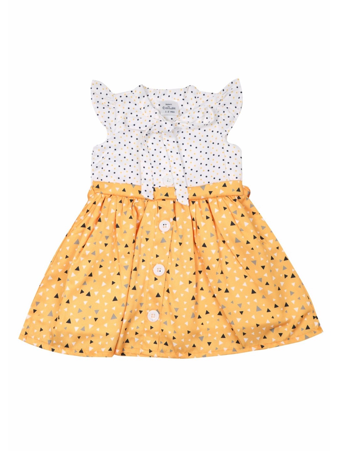 

Doodle Girls Geometric Printed Tie-Up Neck Fit & Flare Dress With Belt, Mustard