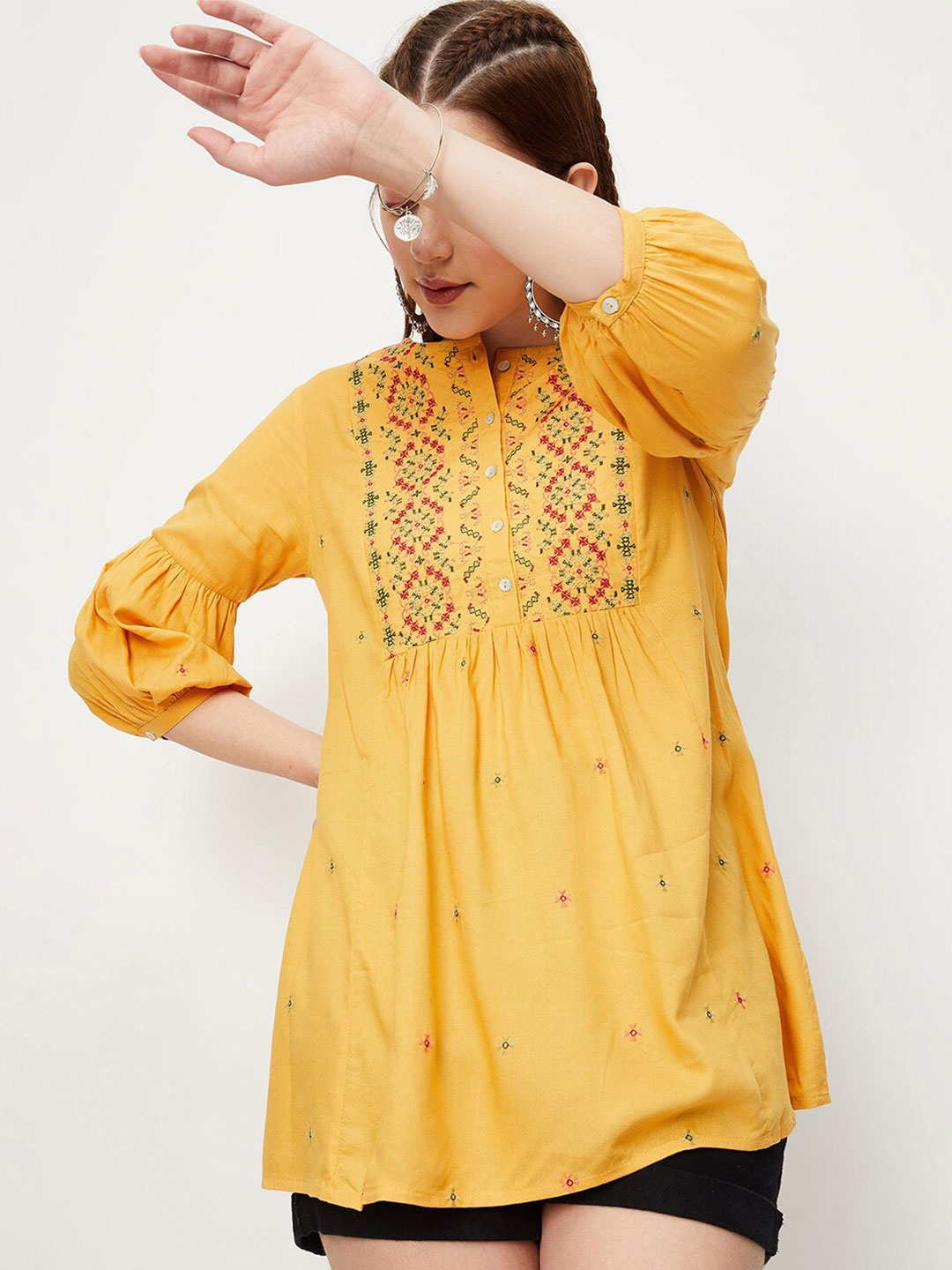 

max Ethnic Motif Embroidered Tunic, Yellow