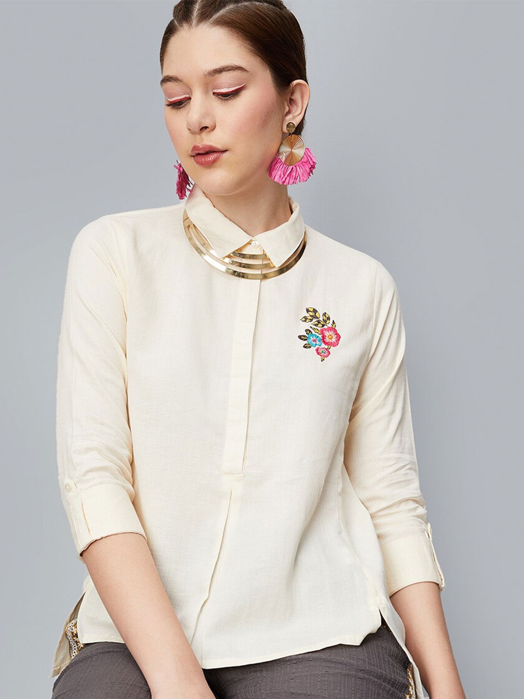 

max Shirt Collar Embroidered Shirt Style Top, Nude