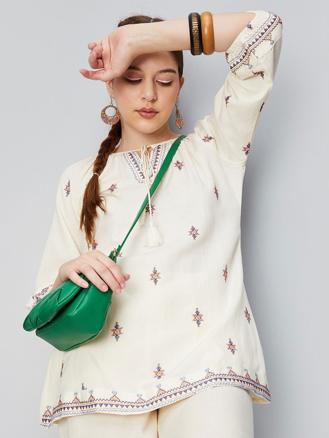 

max Tie-Ups Neck Embroidered Tunic, Off white