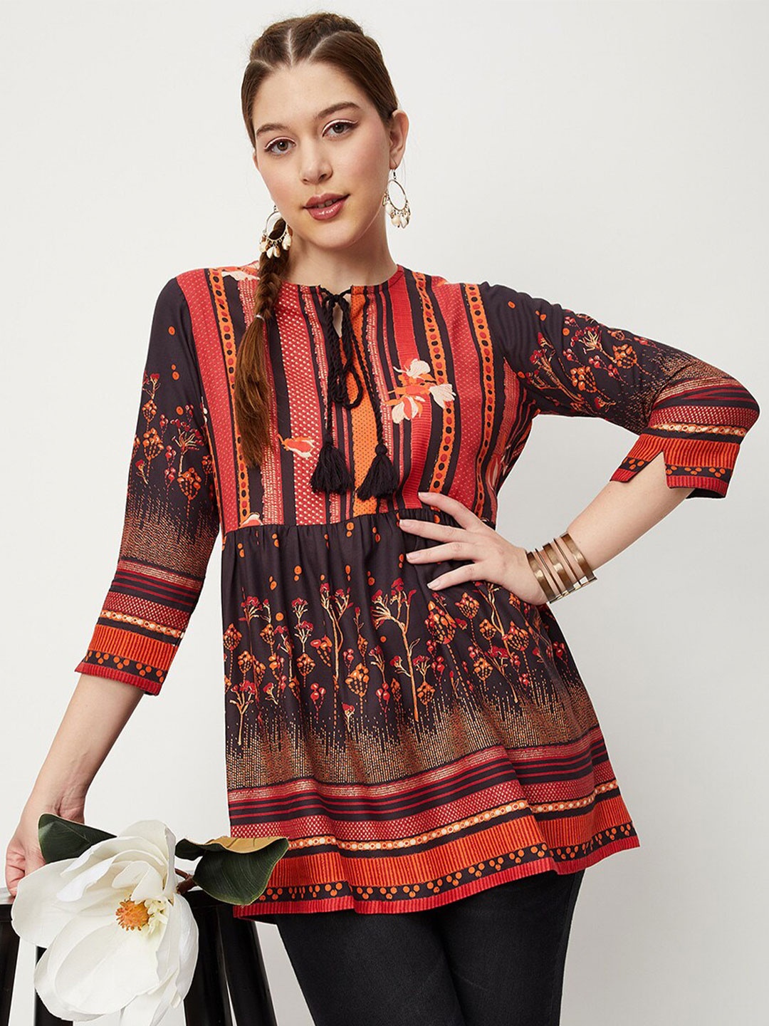 

max Floral Printed Tie-Up Neck Tunic, Brown