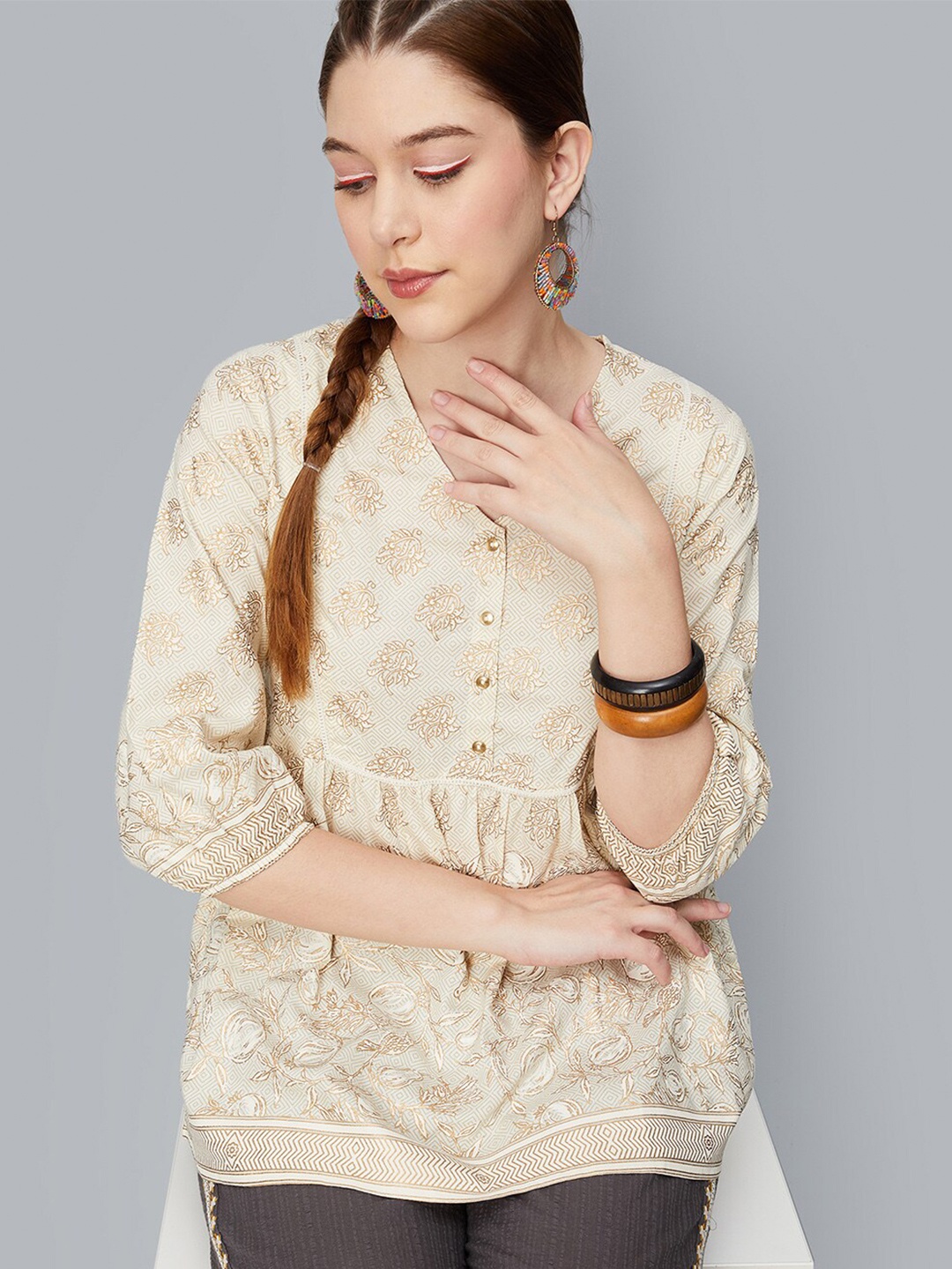

max Ethnic Printed V-Neck Tunic, Beige