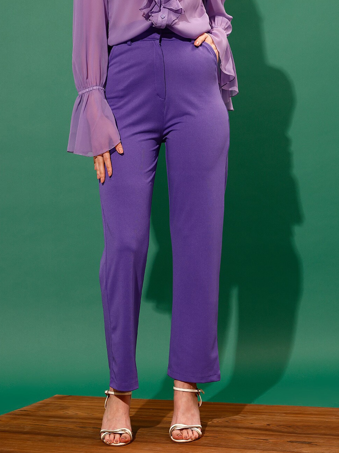 

STREET 9 Women Mid-Rise Flat-Front Plain Loose Fit Trousers, Purple