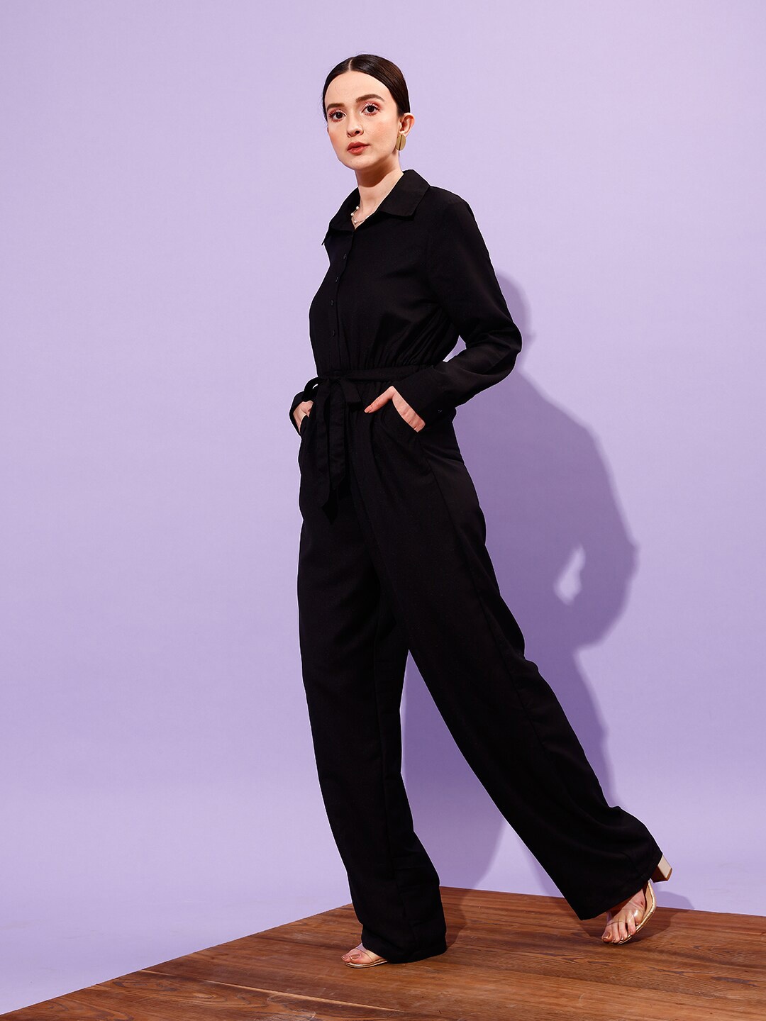 

STREET 9 Shirt Collar Long Sleeve Waist Tie-Ups Basic Jumpsuit, Black
