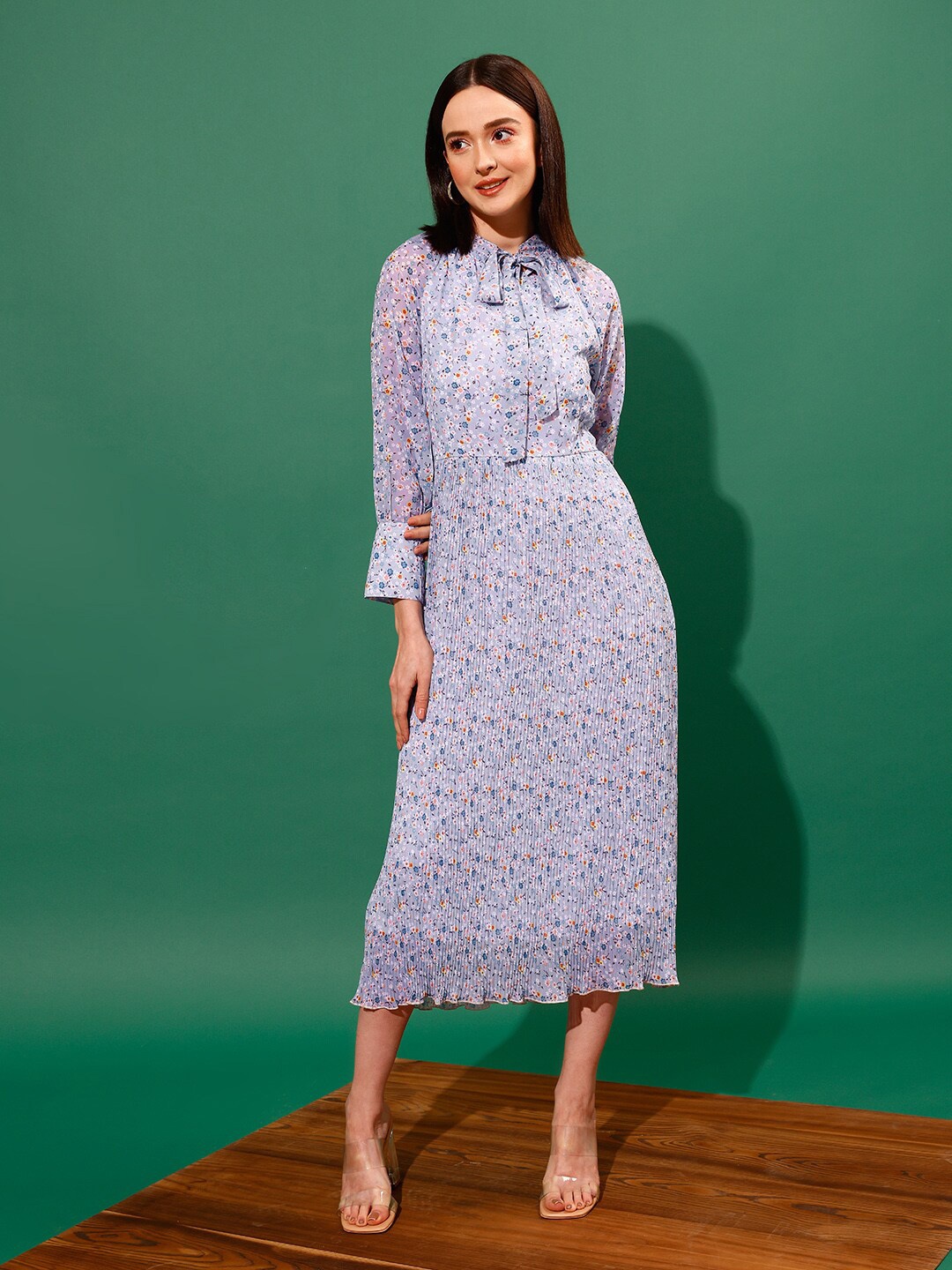

STREET 9 Tie Up Neck Floral Printed Accordion Pleats Georgette Midi Dress, Blue