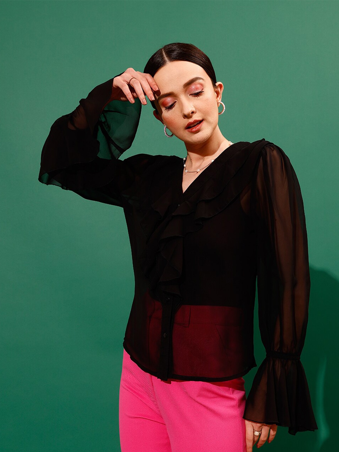 

STREET 9 V-Neck Shirt Style Sheer Ruffled Top, Black