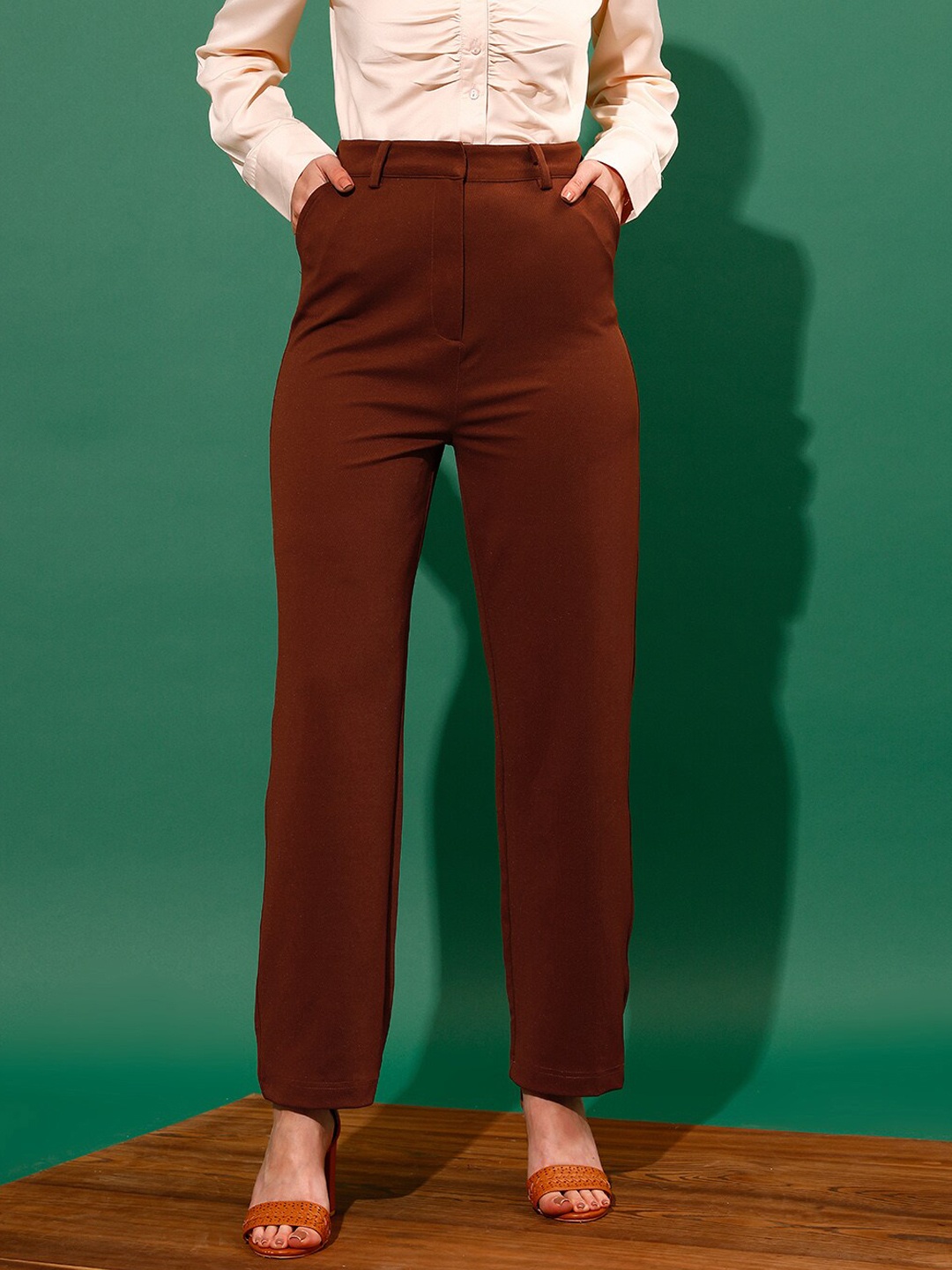 

STREET 9 Women Mid-Rise Flat-Front Plain Loose Fit Trousers, Brown