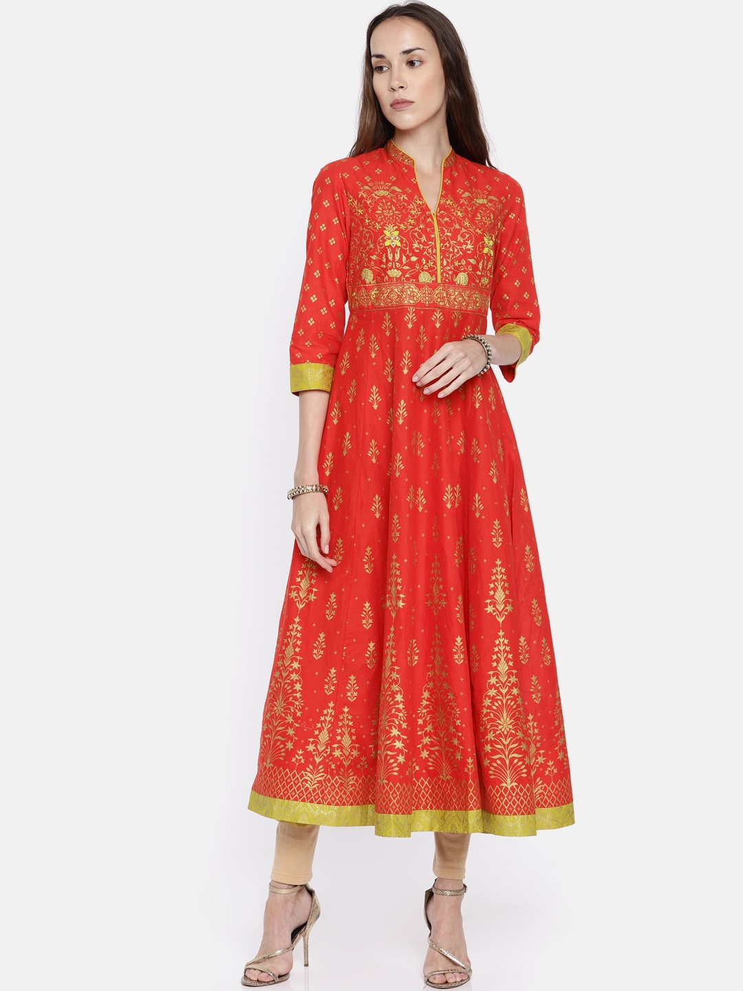 

Biba Women Orange & Gold-Toned Printed Anarkali Kurta