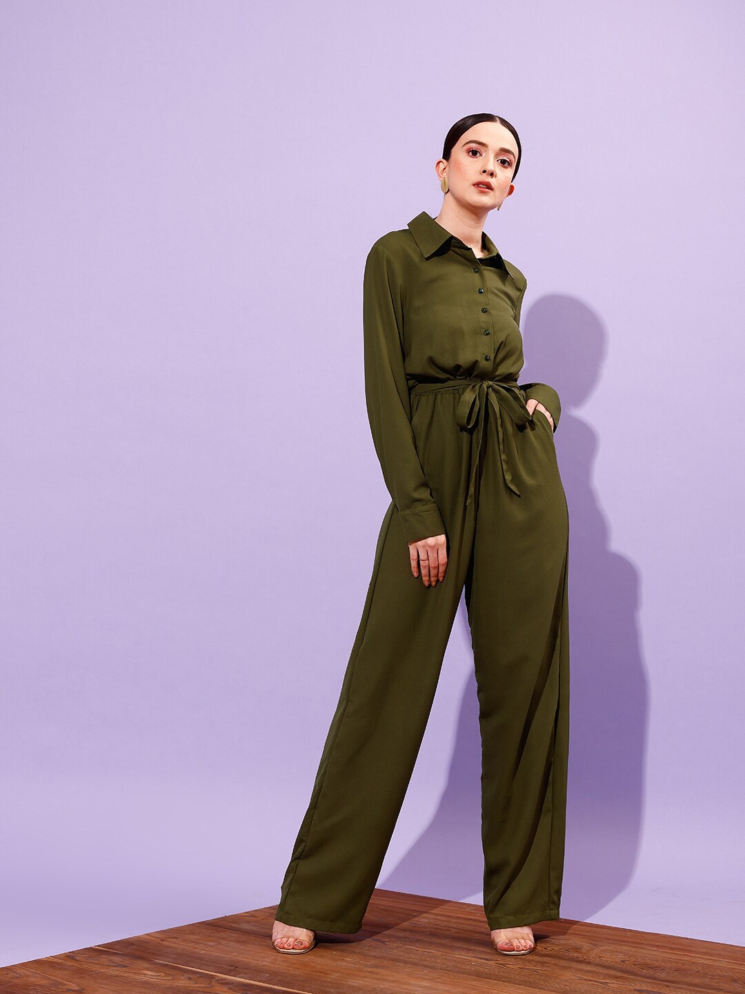 

WORK IT by STREET 9 Shirt Collar Long Sleeve Waist Tie-Ups Basic Jumpsuit, Olive