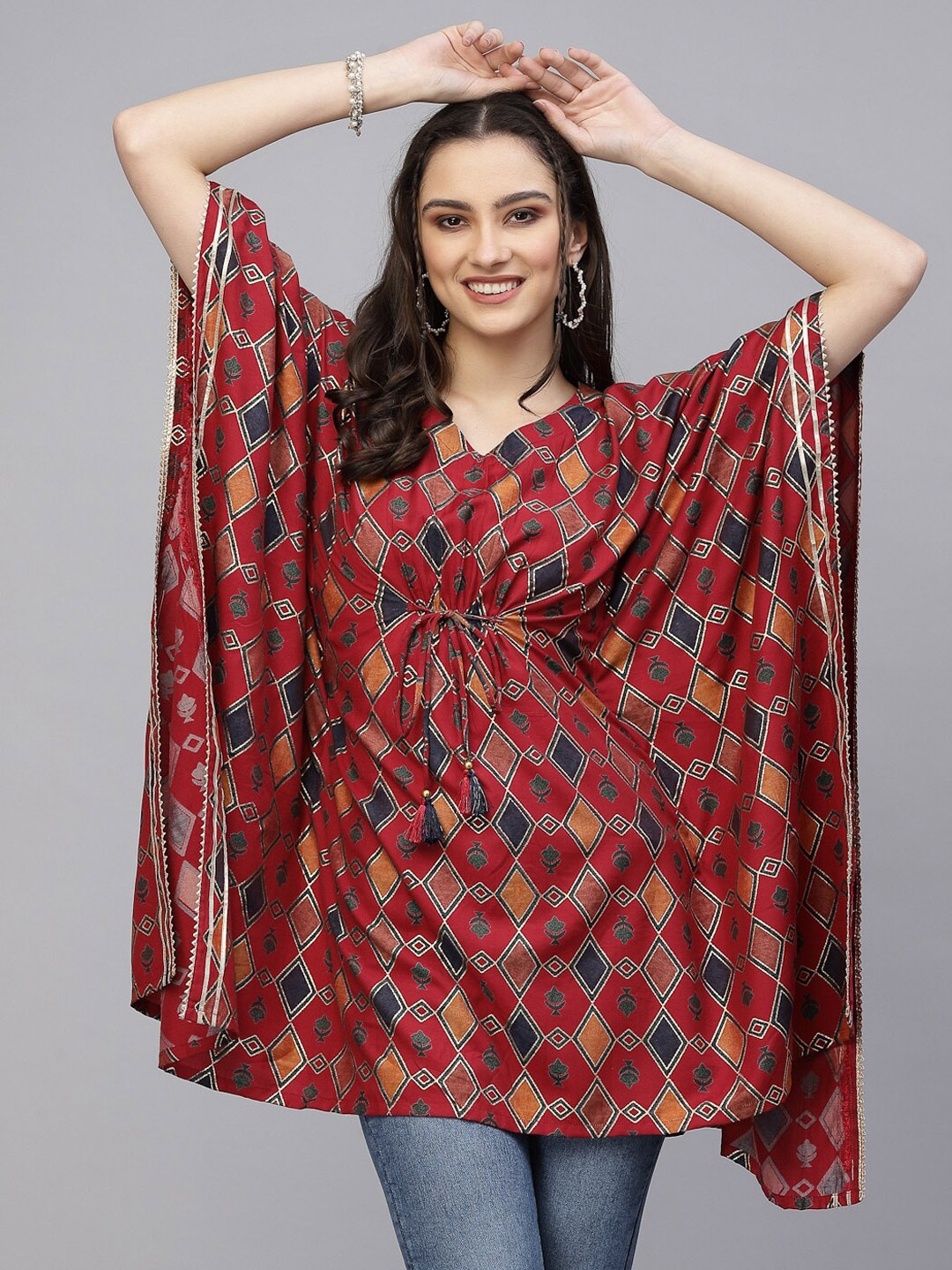 

Sangria Maroon Geometric Printed V-Neck Flared Sleeves Chanderi Cotton Kaftan Kurta