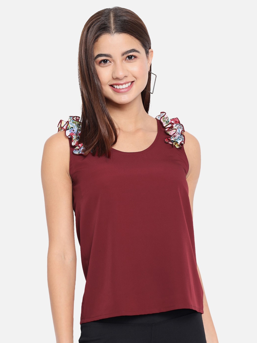

ALL WAYS YOU Ruffled Sleeveless Regular Top, Maroon