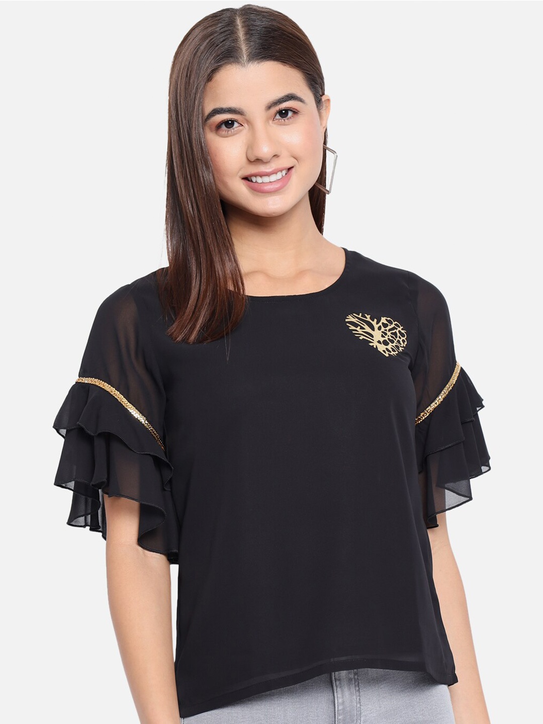 

ALL WAYS YOU Flutter Sleeve Georgette Top, Black