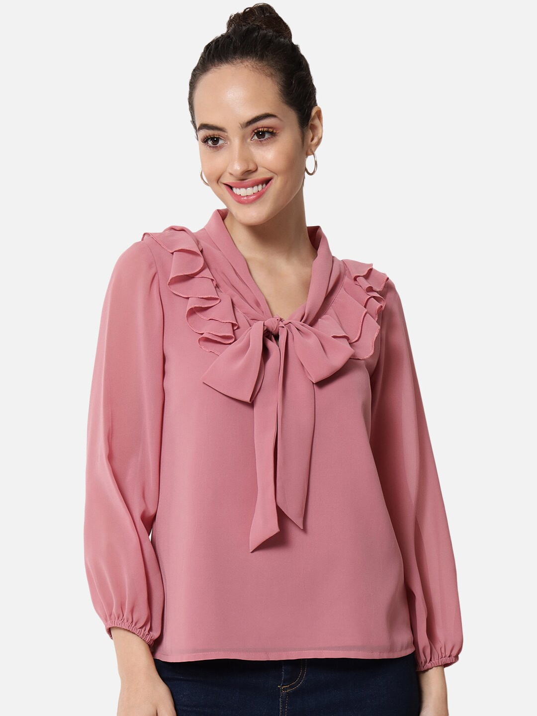 

ALL WAYS YOU Puff Sleeves Tie-Up Neck Ruffled Top, Pink